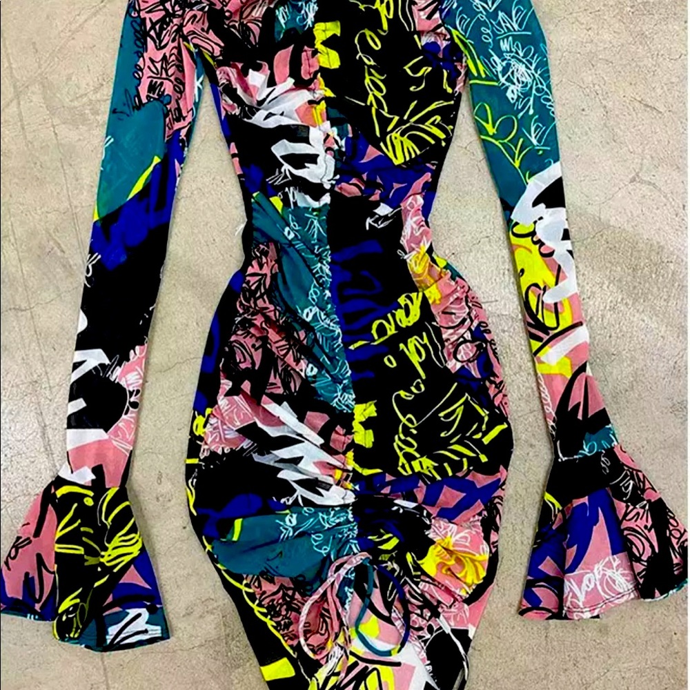 Women Long Sleeve Bodycon Mesh Transpanrent Floral Printed Chic Party Mini Dress